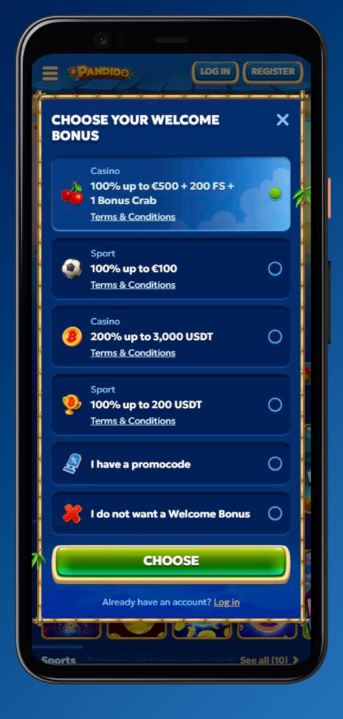 app choose welcome bonus pandido